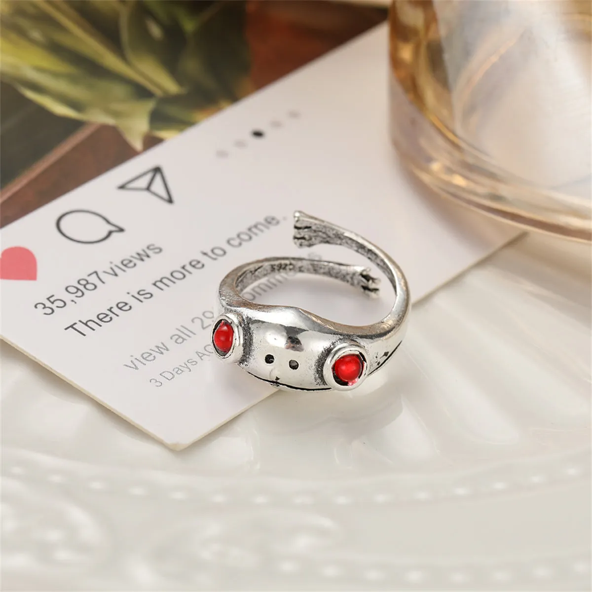 Red Cubic Zirconia & Silver-Plated Frog Adjustable Ring