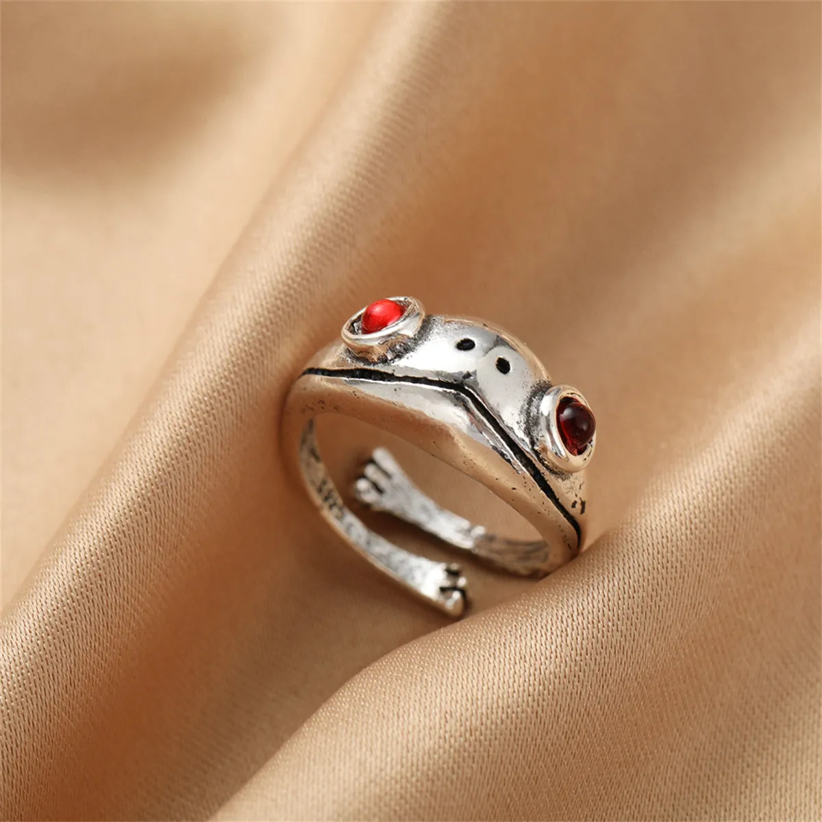 Red Cubic Zirconia & Silver-Plated Frog Adjustable Ring