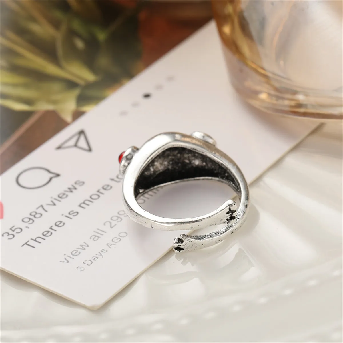 Red Cubic Zirconia & Silver-Plated Frog Adjustable Ring