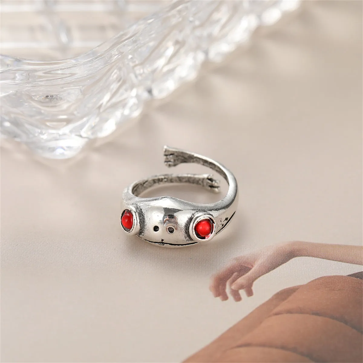 Red Cubic Zirconia & Silver-Plated Frog Adjustable Ring