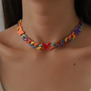 Red Enamel & 18K Gold-Plated Multicolor Butterfly Curb Chain Necklace