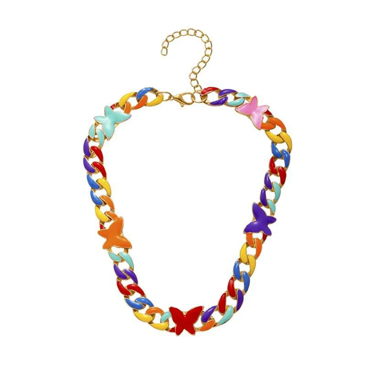 Red Enamel & 18K Gold-Plated Multicolor Butterfly Curb Chain Necklace