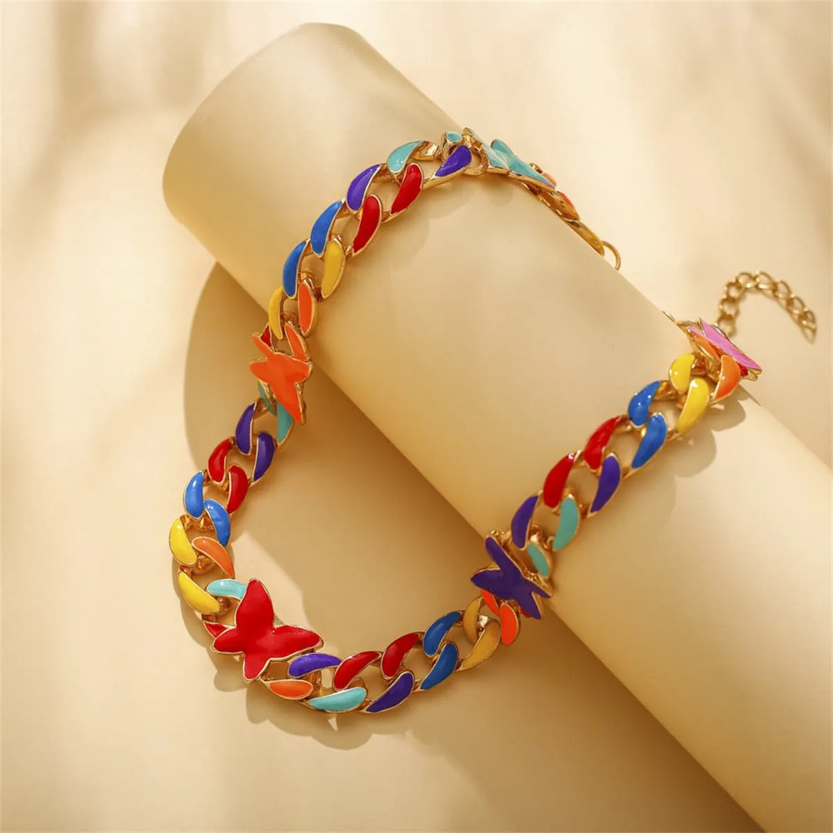 Red Enamel & 18K Gold-Plated Multicolor Butterfly Curb Chain Necklace