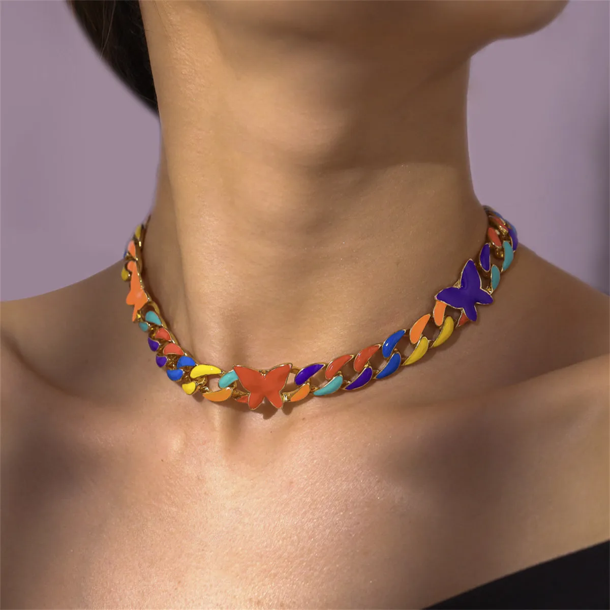 Red Enamel & 18K Gold-Plated Multicolor Butterfly Curb Chain Necklace