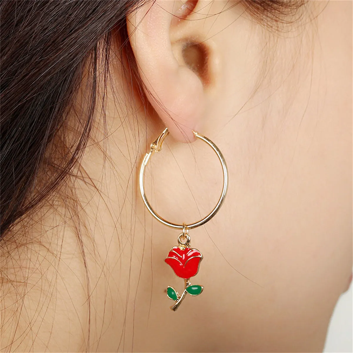 Red Enamel & 18K Gold-Plated Rose Huggie Earrings