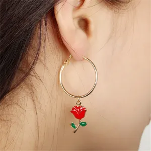 Red Enamel & 18K Gold-Plated Rose Huggie Earrings