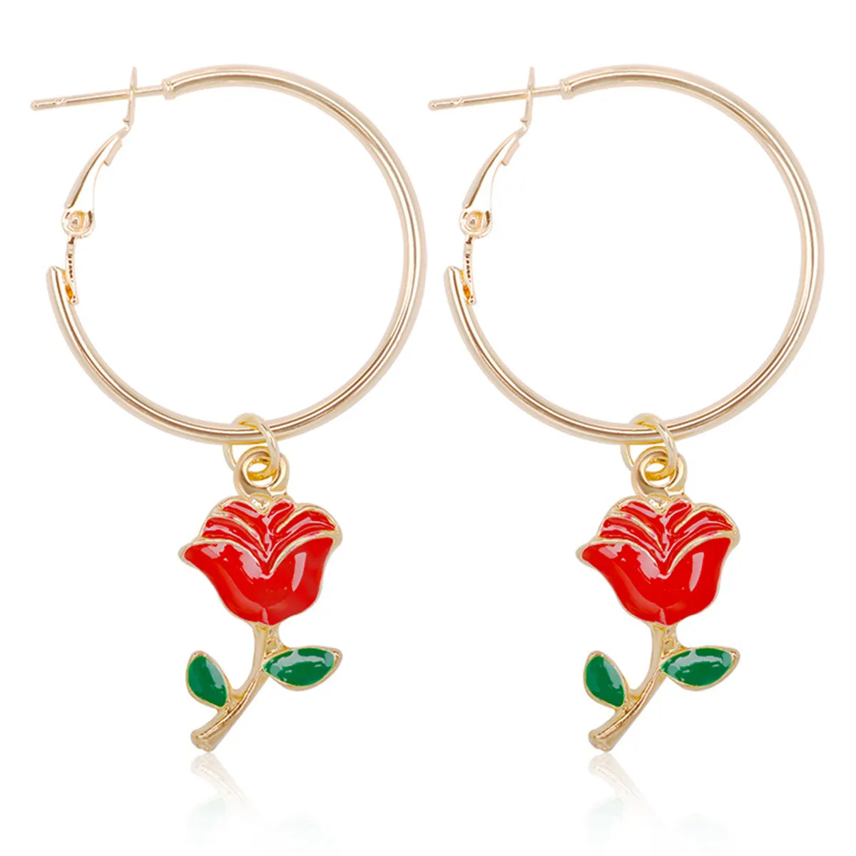 Red Enamel & 18K Gold-Plated Rose Huggie Earrings