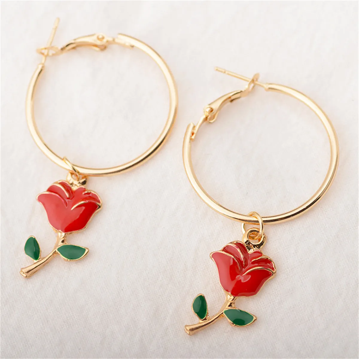 Red Enamel & 18K Gold-Plated Rose Huggie Earrings