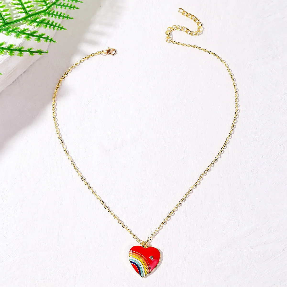 Red Enamel & Cubic Zirconia 18K Gold-Plated Rainbow Heart Pendant Necklace