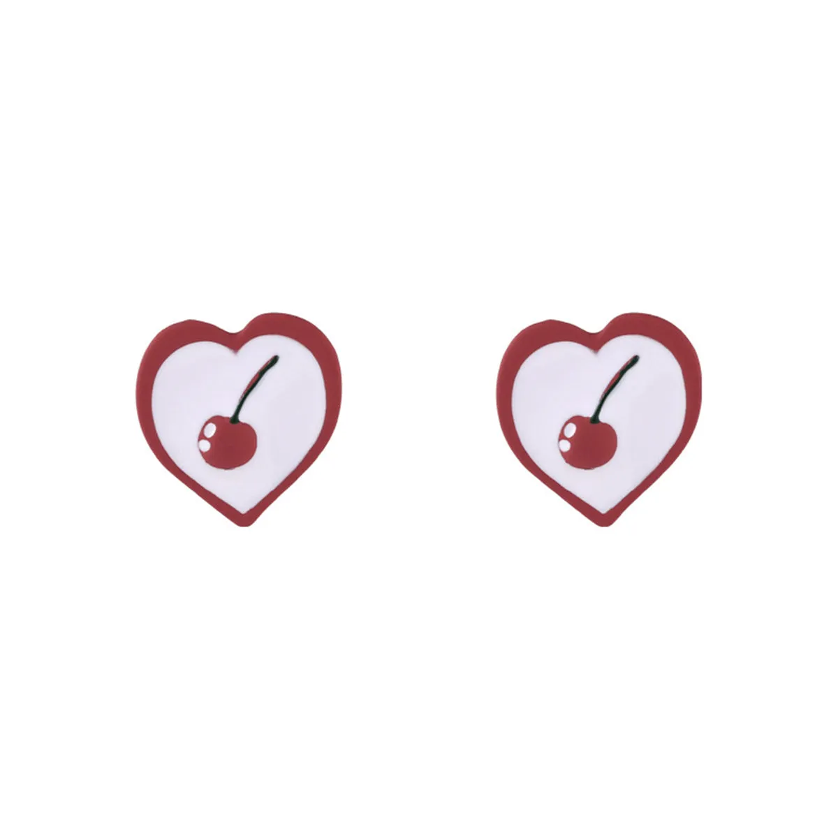 Red Enamel & Silver-Plated Cherry Heart Stud Earrings