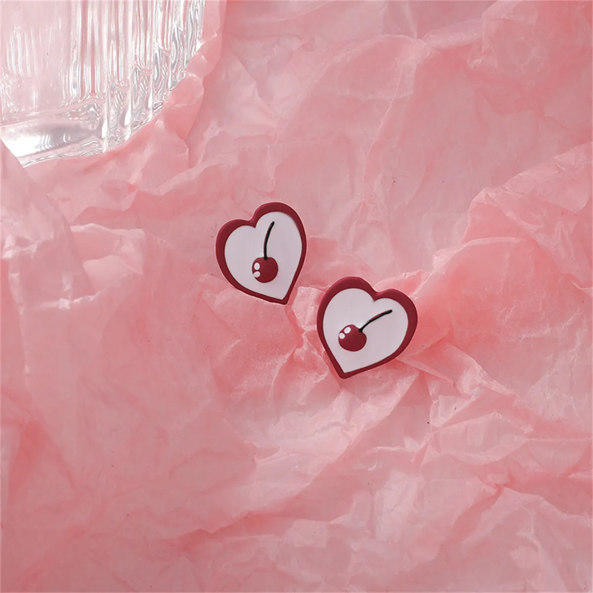 Red Enamel & Silver-Plated Cherry Heart Stud Earrings