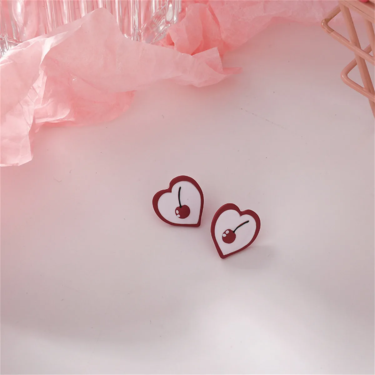 Red Enamel & Silver-Plated Cherry Heart Stud Earrings