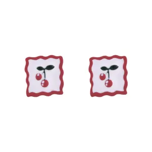 Red Enamel & Silver-Plated Cherry Square Stud Earrings