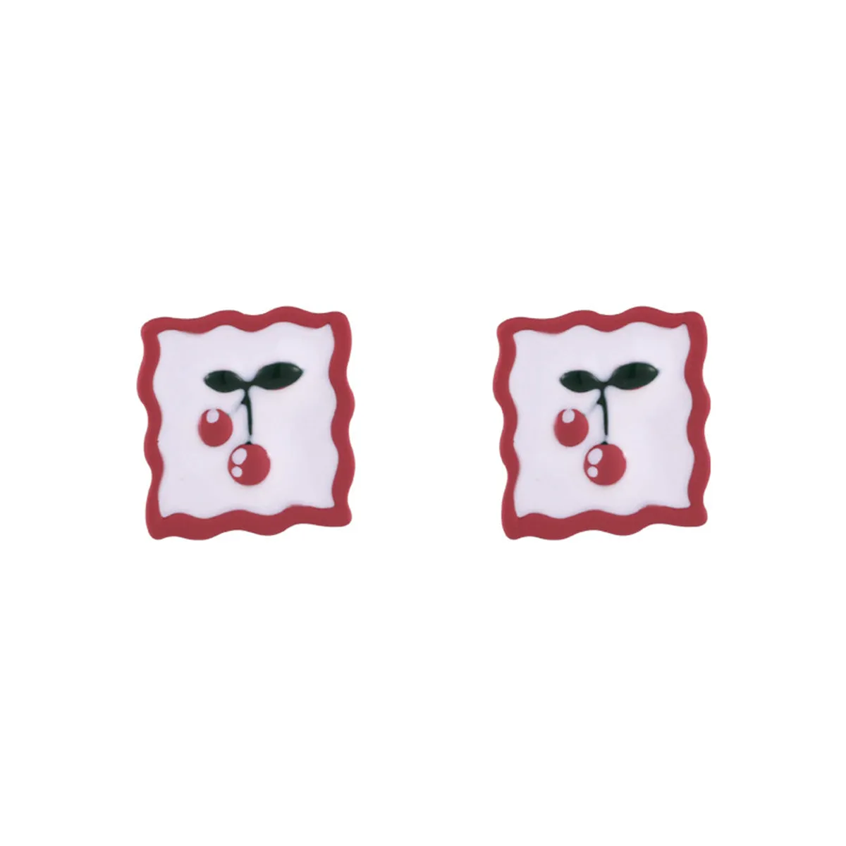 Red Enamel & Silver-Plated Cherry Square Stud Earrings