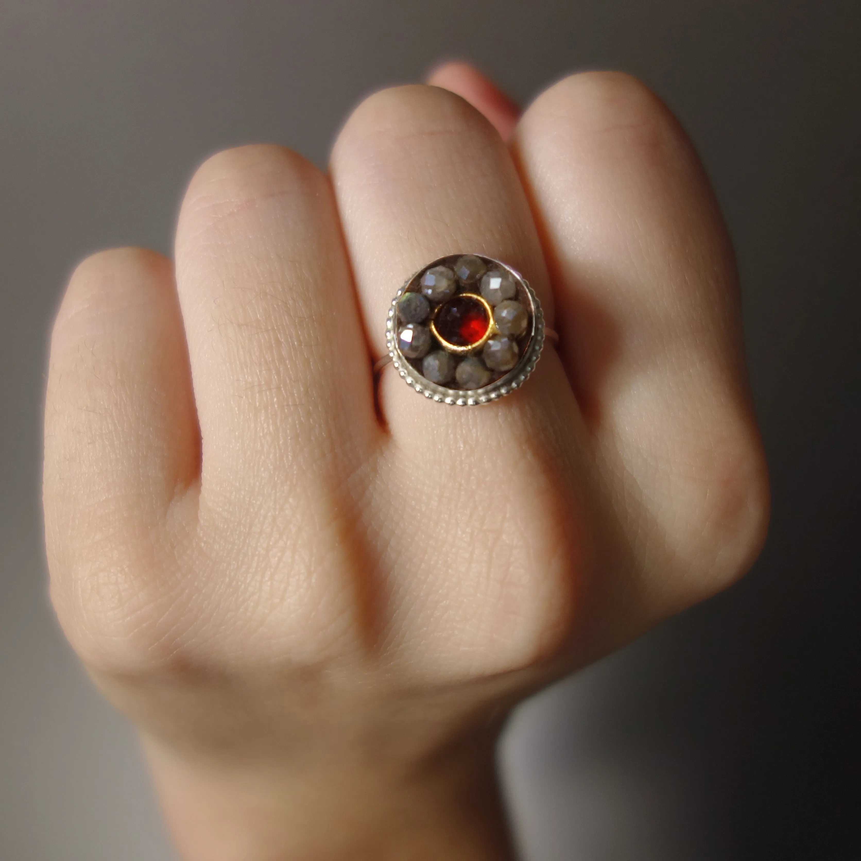 Sealed with a Kiss (garnet and labradorite mosaic ring)