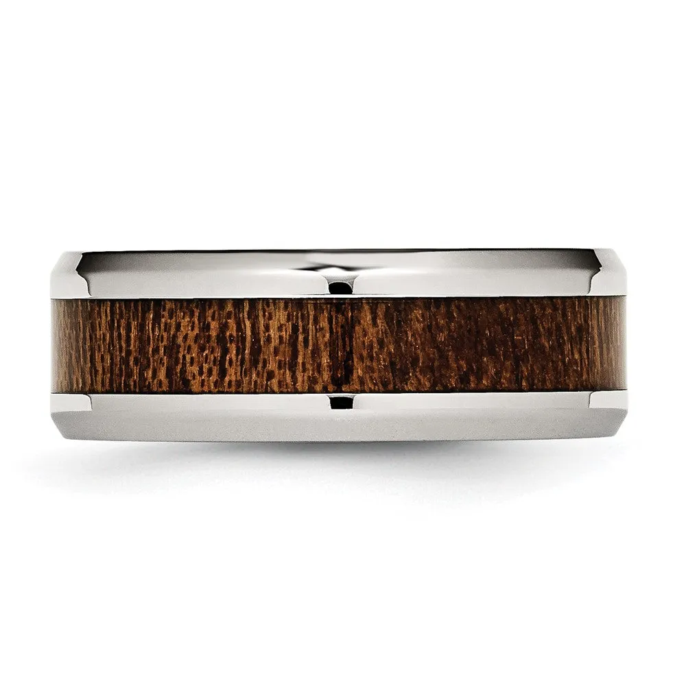 Stainless Steel Polished Brown Koa Wood Inlay Enameled 8mm Band