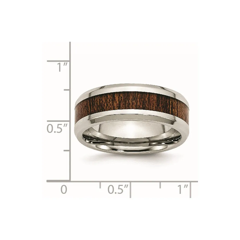 Stainless Steel Polished Brown Koa Wood Inlay Enameled 8mm Band