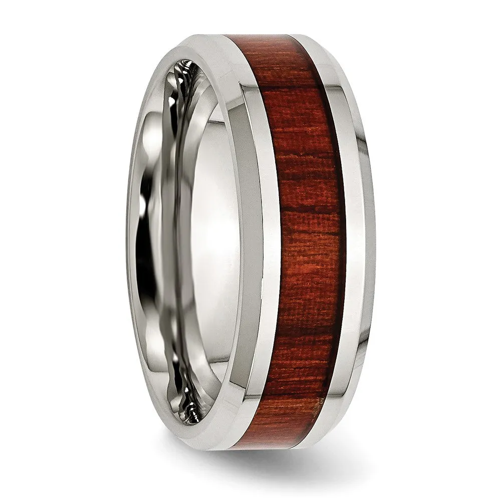 Stainless Steel Polished Red Koa Wood Inlay Enameled 8mm Band