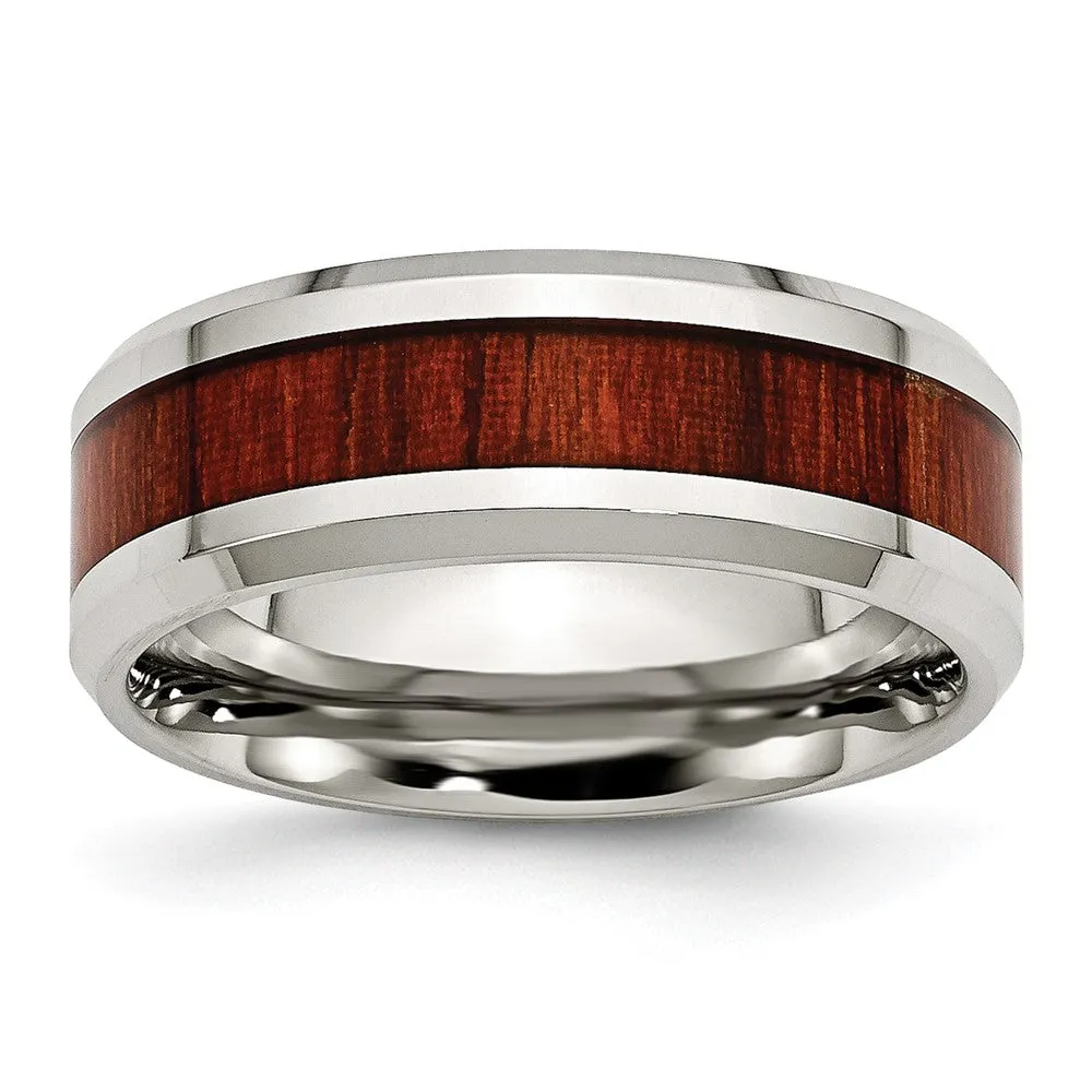 Stainless Steel Polished Red Koa Wood Inlay Enameled 8mm Band