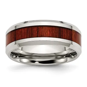 Stainless Steel Polished Red Koa Wood Inlay Enameled 8mm Band
