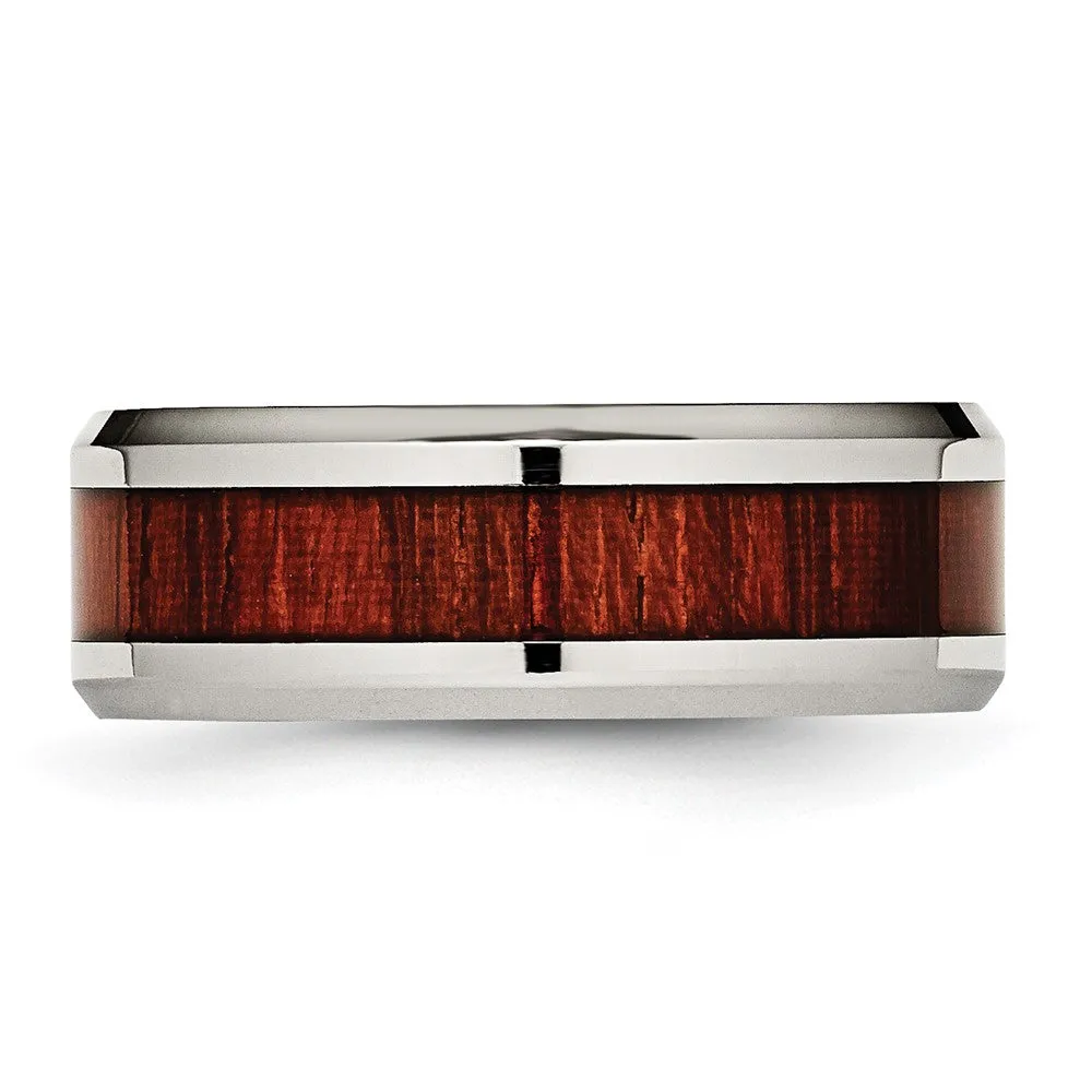 Stainless Steel Polished Red Koa Wood Inlay Enameled 8mm Band