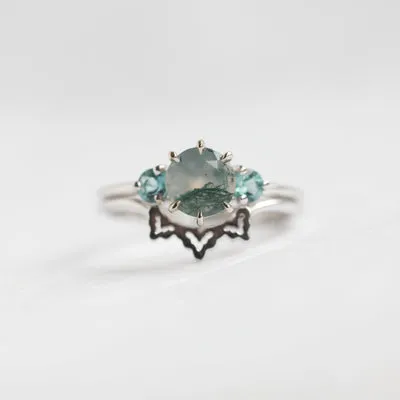 Taia Moss Agate Ring Set With Teal Tourmalines - Ready To Ship