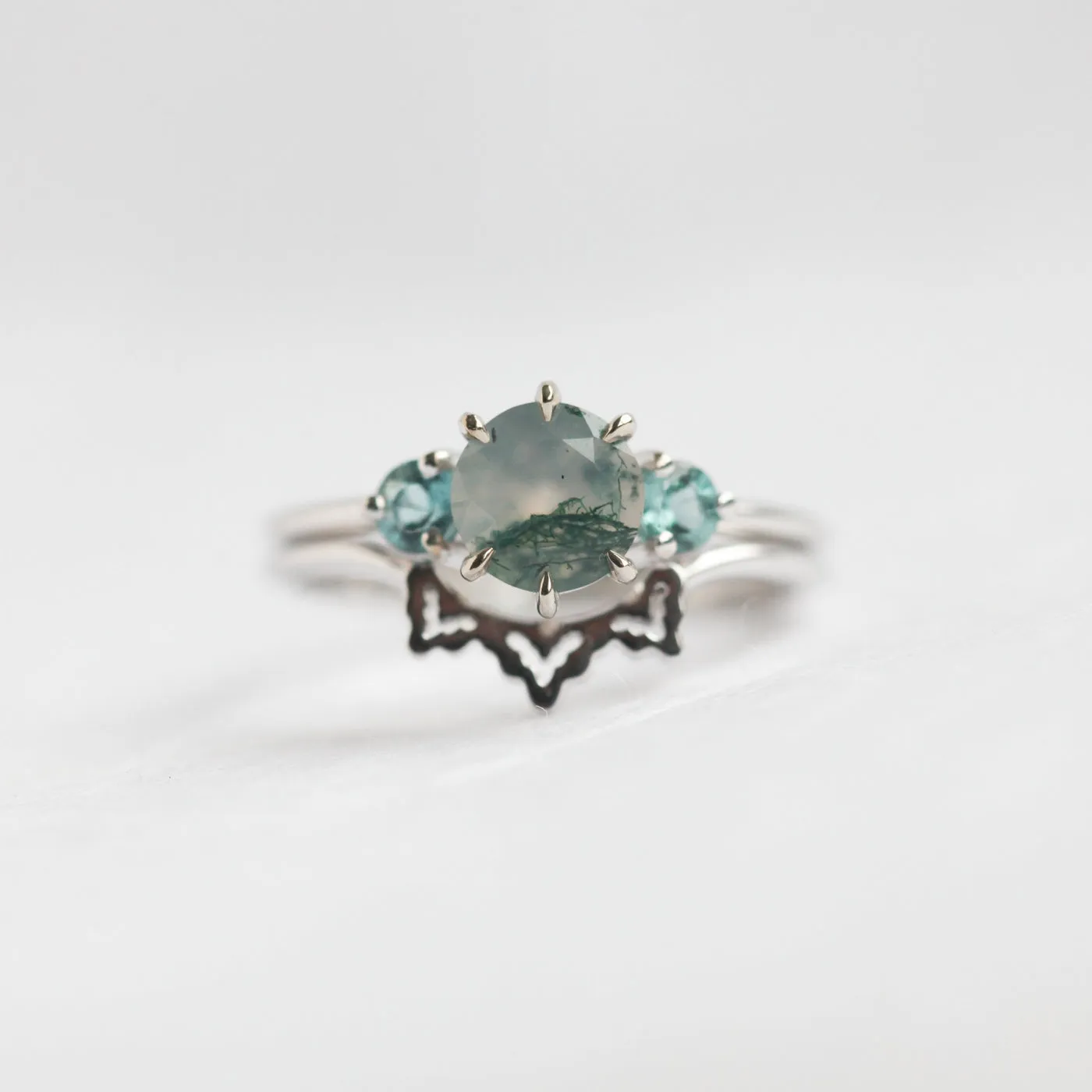 Taia Moss Agate Ring Set With Teal Tourmalines - Ready To Ship