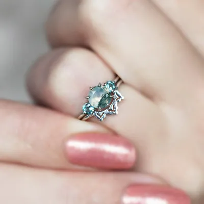 Taia Moss Agate Ring Set With Teal Tourmalines - Ready To Ship