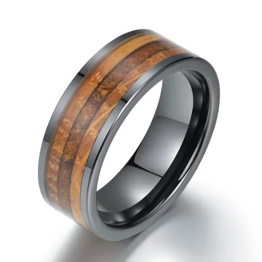 Tobacco Leaf - Black Ceramic Tobbaco Leaf Whiskey Barrel Wood Men's Wedding Band 8MM