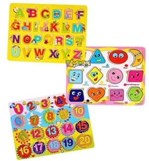 Toyshine 3 in 1 Wooden Picto-Puzzle ABC, 123 (1-20) and Shapes Puzzle Toy, Educational and Learning Toy
