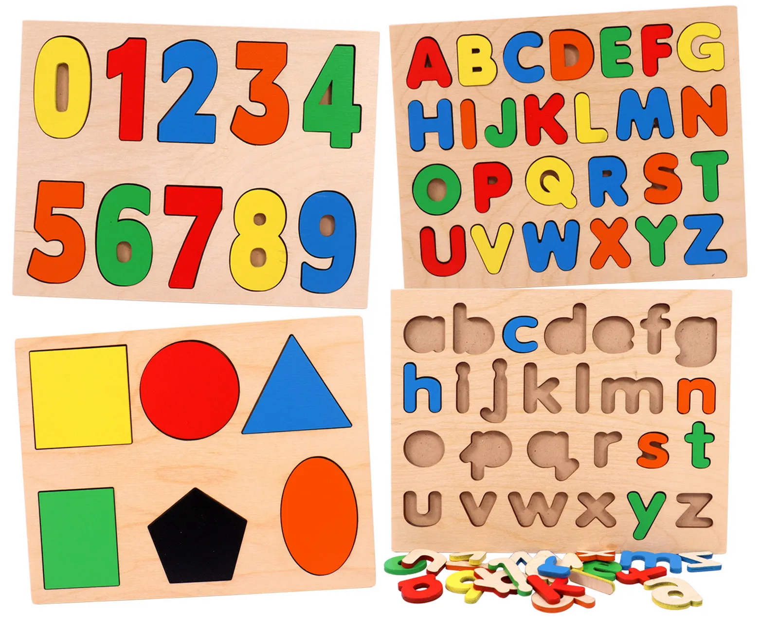 Toyshine Pack of 4 Wooden Toddler Puzzles | 123, Small ABC and Capital ABC and Shapes | Kids Educational Preschool Puzzles for Children Babies Boys Girls
