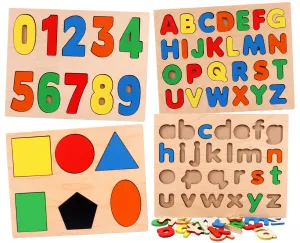 Toyshine Pack of 4 Wooden Toddler Puzzles | 123, Small ABC and Capital ABC and Shapes | Kids Educational Preschool Puzzles for Children Babies Boys Girls