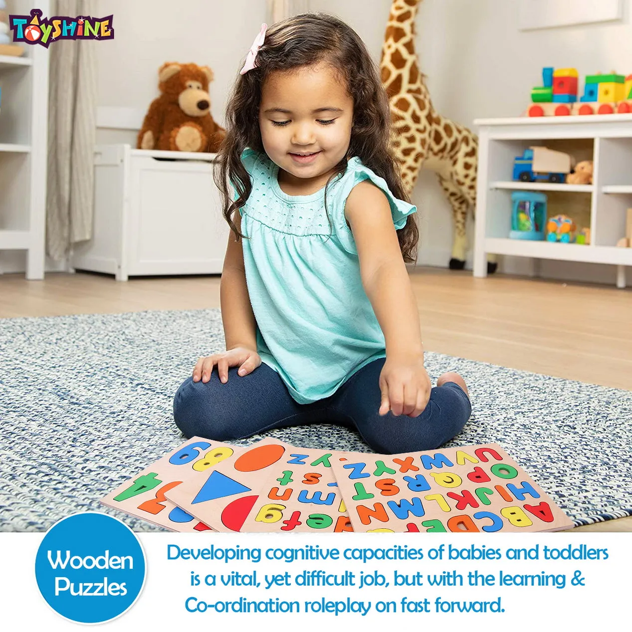 Toyshine Pack of 4 Wooden Toddler Puzzles | 123, Small ABC and Capital ABC and Shapes | Kids Educational Preschool Puzzles for Children Babies Boys Girls