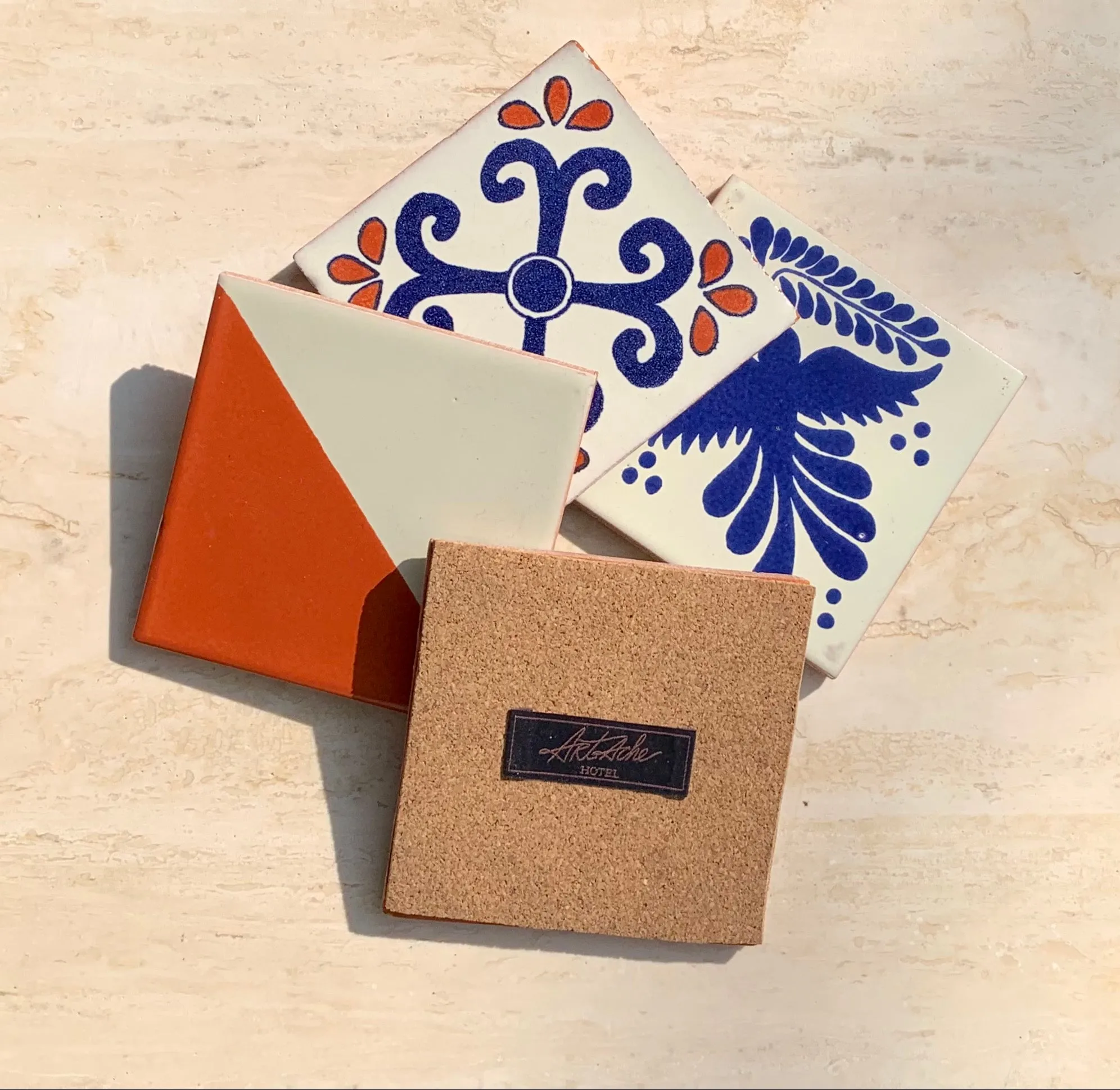 Unique Hand Painted Ceramic Coaster Set - Blue, White, & Orange