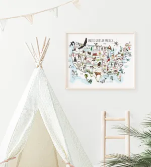 USA Animal Kids Map in Pastel