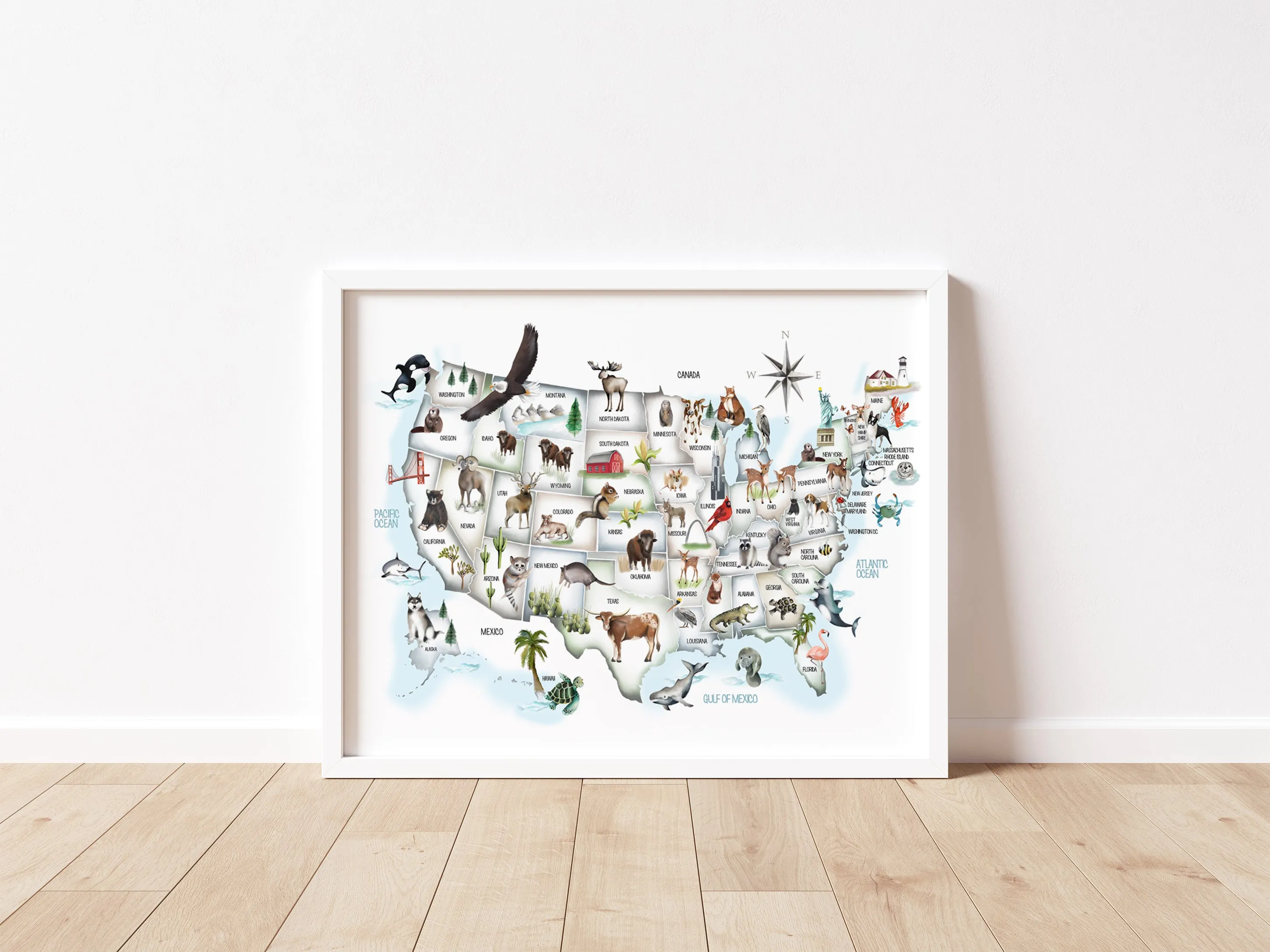 USA Animal Kids Map in Pastel