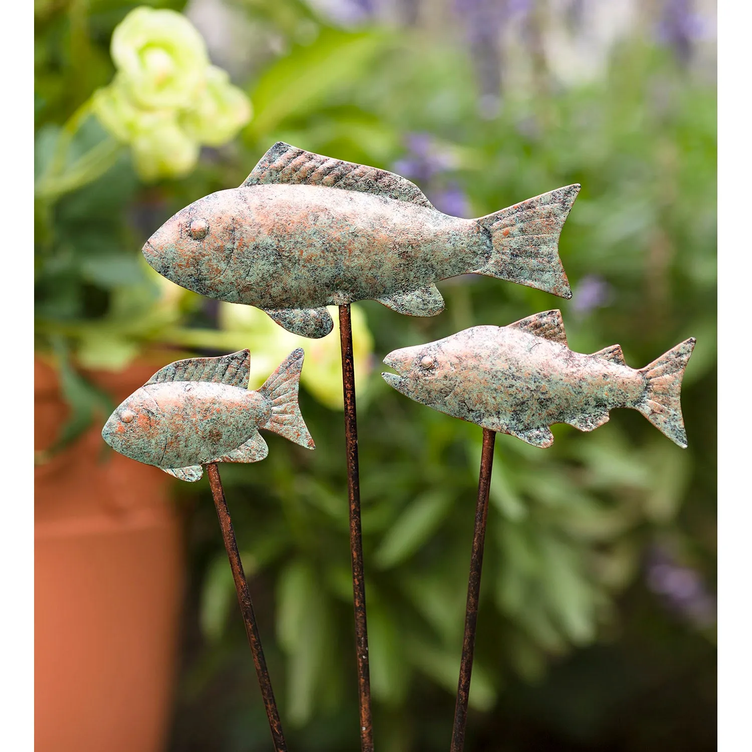 Verdigris Metal Fish Garden Stakes, Set of 3,47m3249