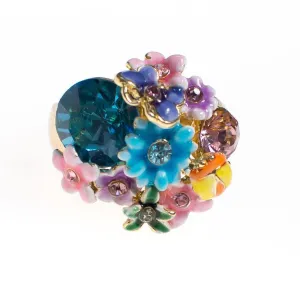 Vintage Blue Rhinestone Statement Ring with Colorful Painted Enamel Flowers