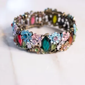 Vintage Colorful Rhinestone and Floral Bangle Bracelet