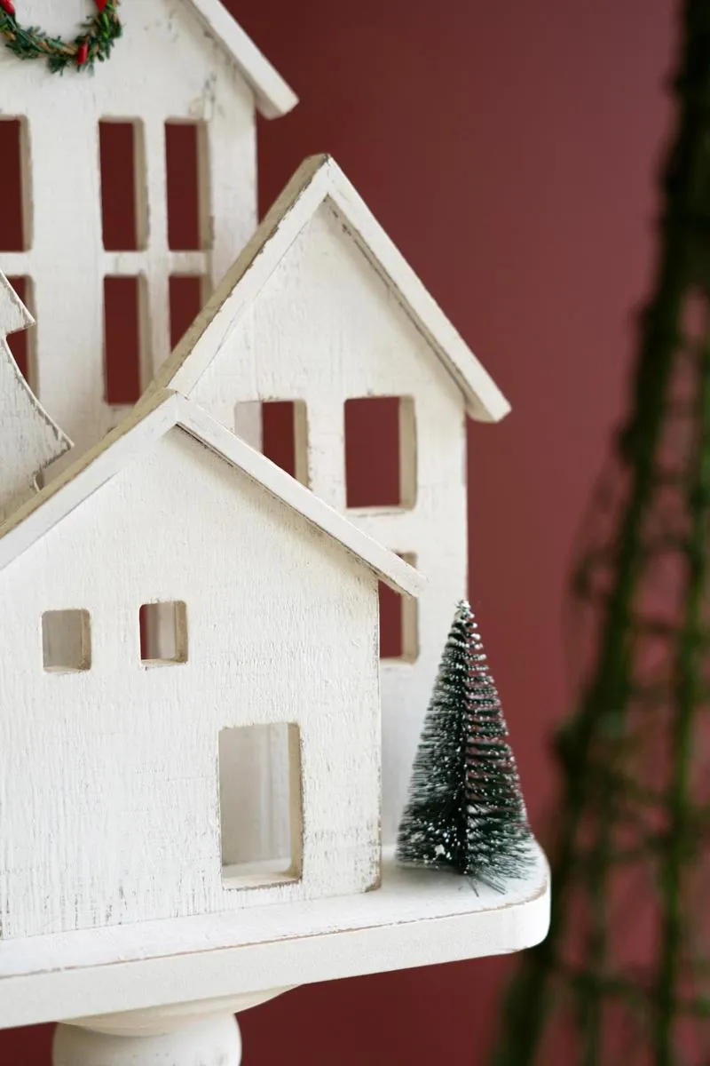 Wooden Christmas Village on a Pedestal