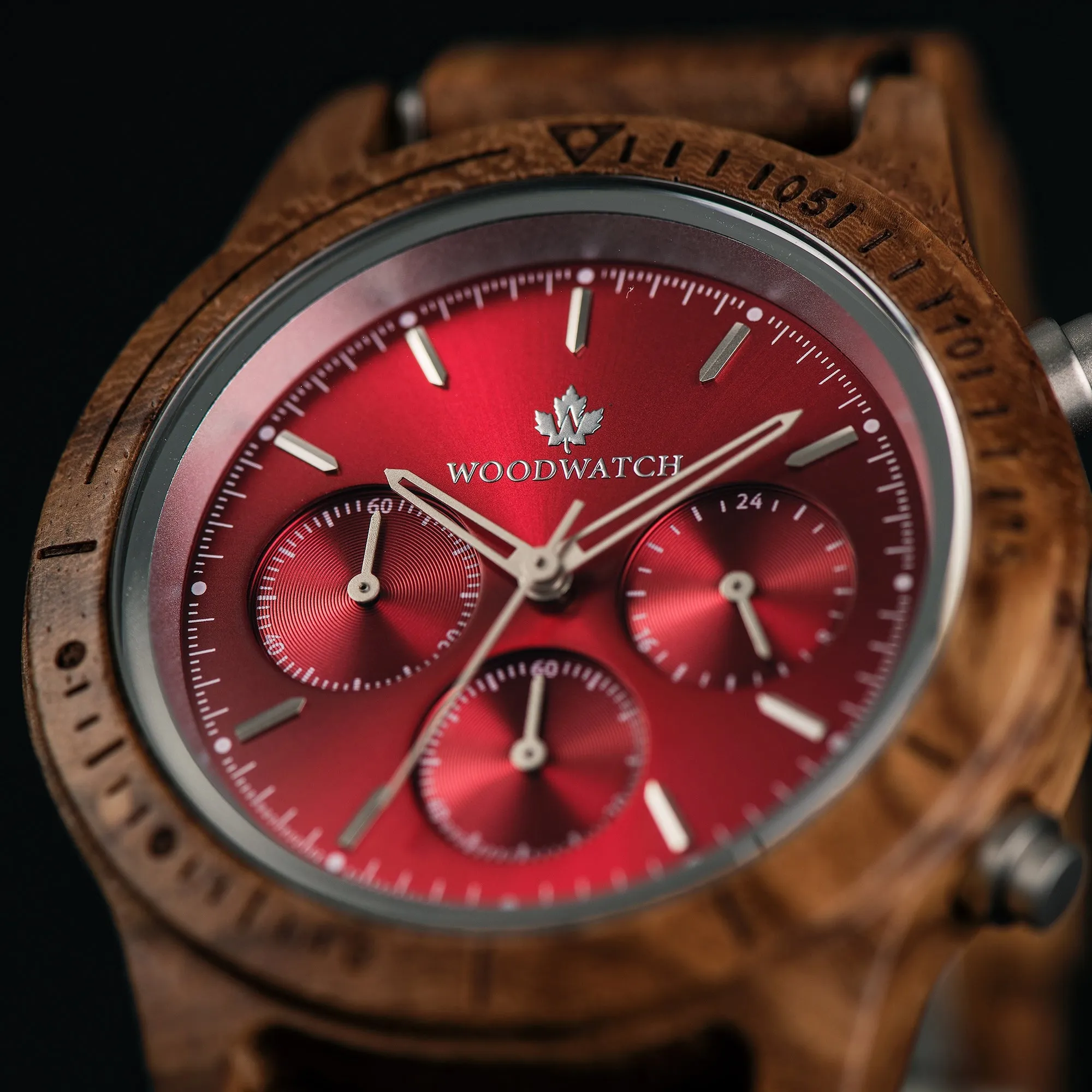 WOODWATCH MEN'S CHRONUS RUBY SILVER WW-CS-RS W/ FREE STRAP WW-S-PE-18