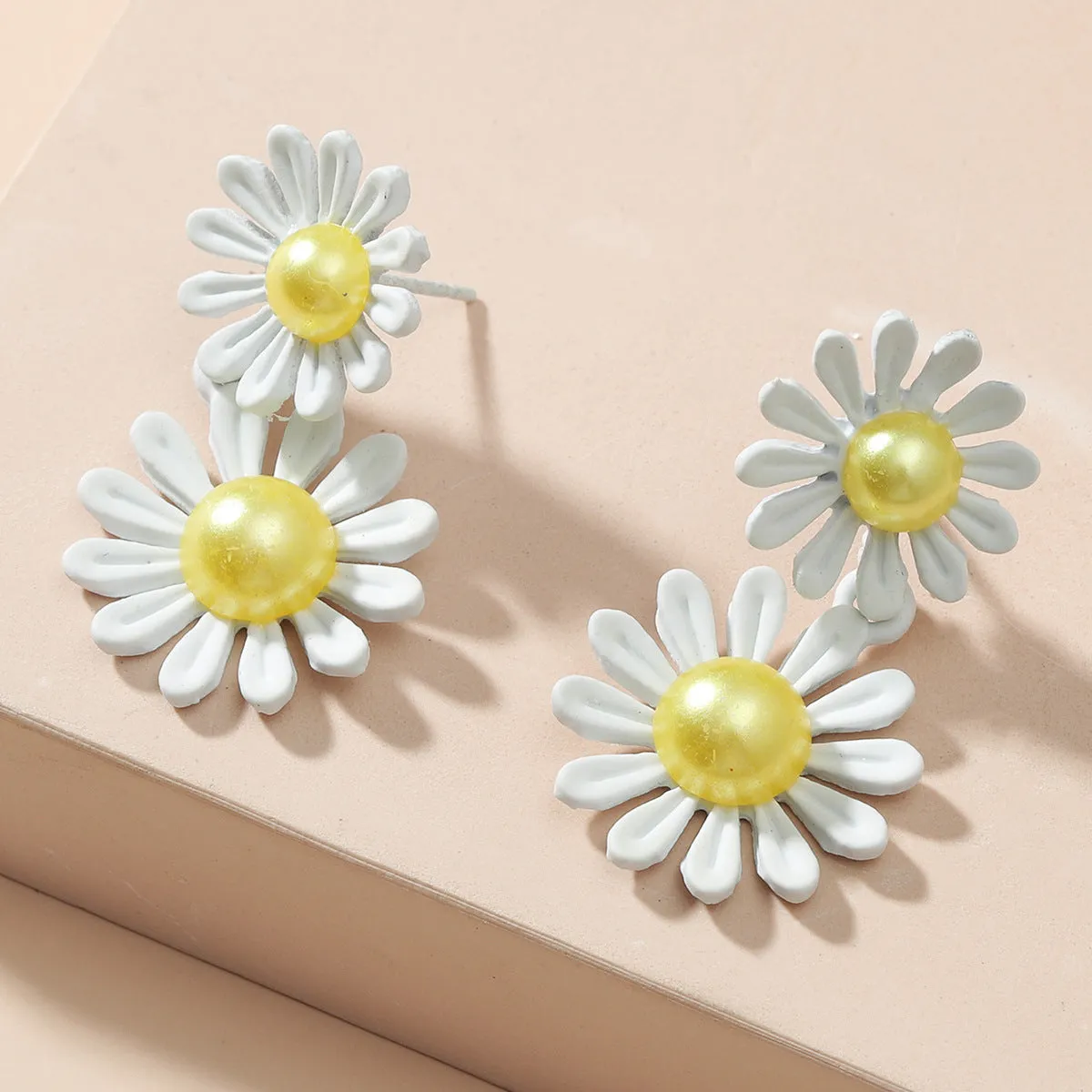 Yellow Pearl & White Enamel Dual Mum Drop Earrings