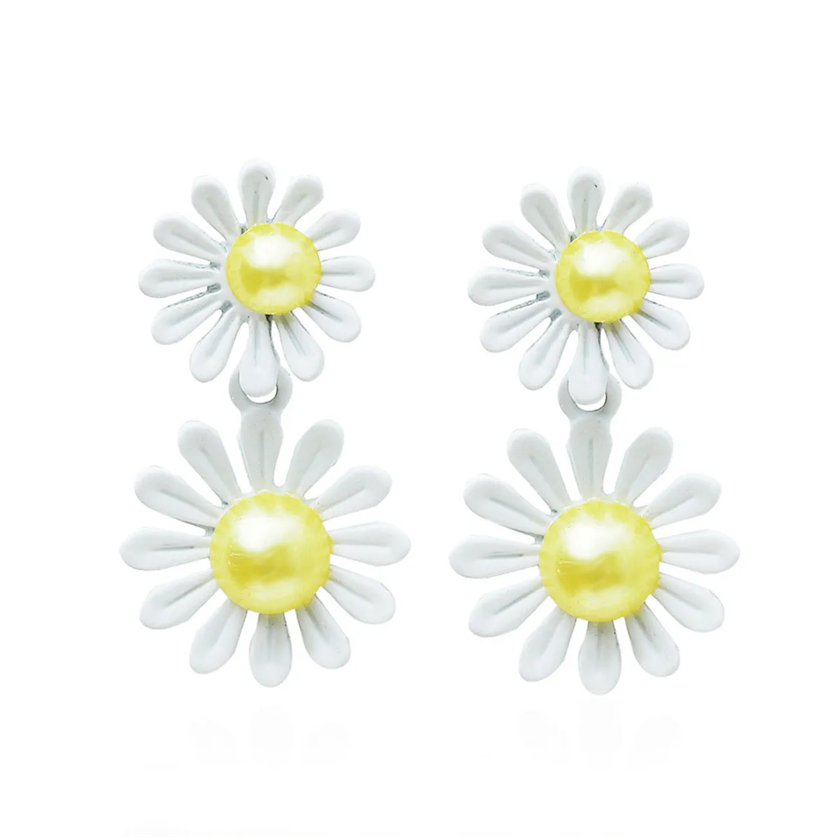 Yellow Pearl & White Enamel Dual Mum Drop Earrings
