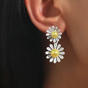 Yellow Pearl & White Enamel Dual Mum Drop Earrings